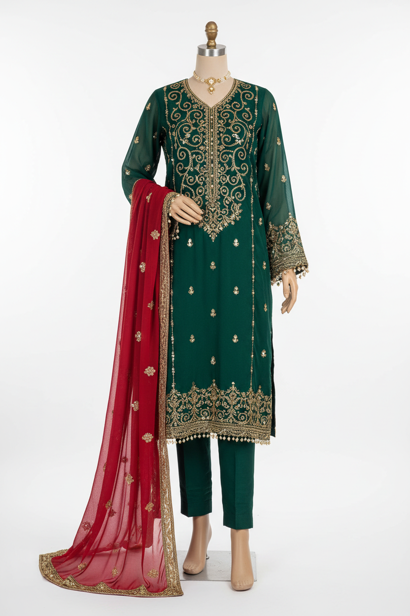 Chiffon Formal Suit with Gold Embellishment